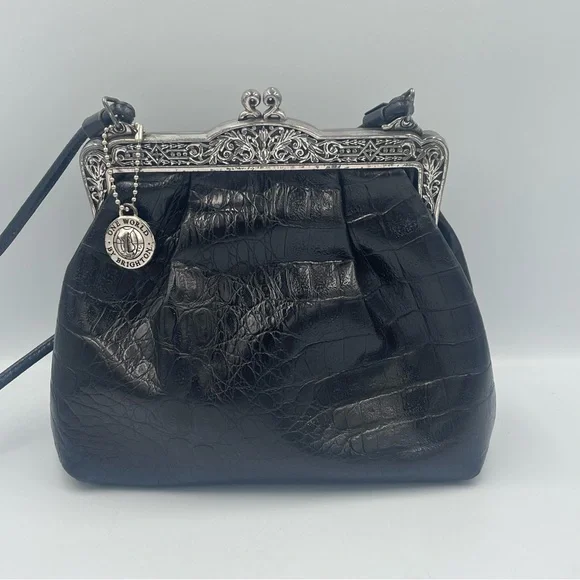 Brighton Black Croc-Embossed print Handbag Vintage 80’s. Shoulder crossbody USED - Picture 1 of 16